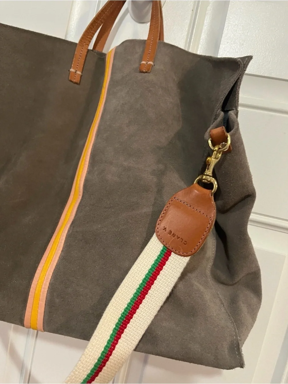 CLARE V. Accent Striped Dark Gray Italian Suede Tote Bag